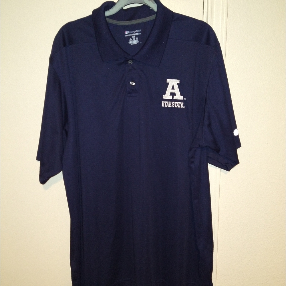 Champion Utah State Aggies NCAA Blue Short Sleeve Polo Shirt Men's sz 2XL.